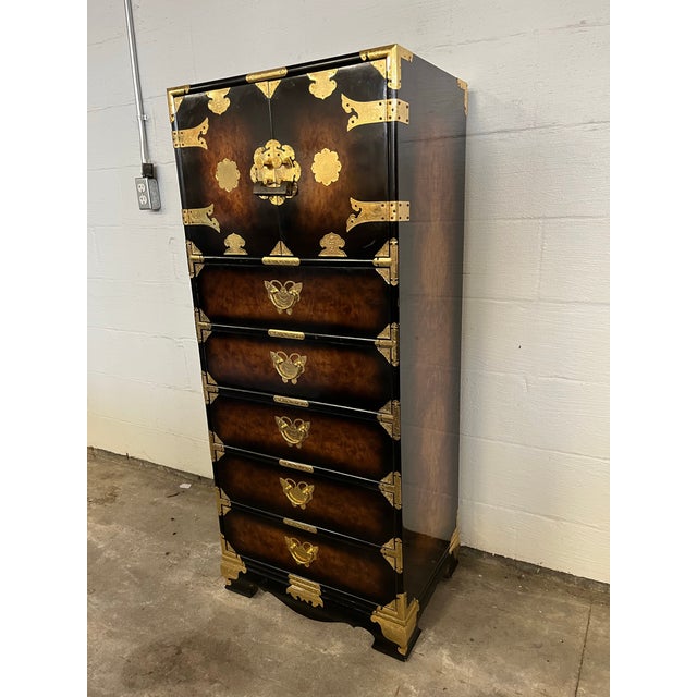 Korean Camphorwood burl Bandaji style chests, c. 1960’s. The oversized floral etched brass hardware in butterfly or moth...