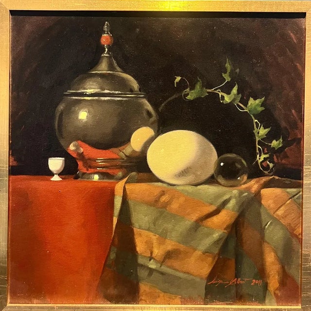 Luisa Albert, Objects on Orange Tablecloth, 2011, Oil on Canvas For Sale