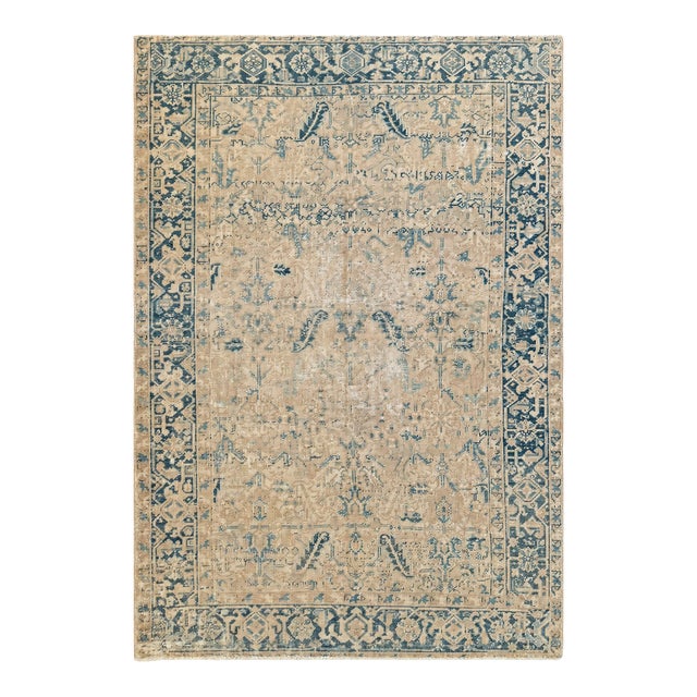 Antique Heriz Rug | 6'8" X 8'5" | Ivory Field With Blue Geometric Motifs | Circa Early 20th Century For Sale