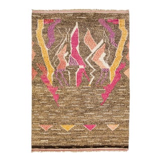 Modern Moroccan Style Tan Handmade Wool Rug With Multicolor Abstract Design For Sale