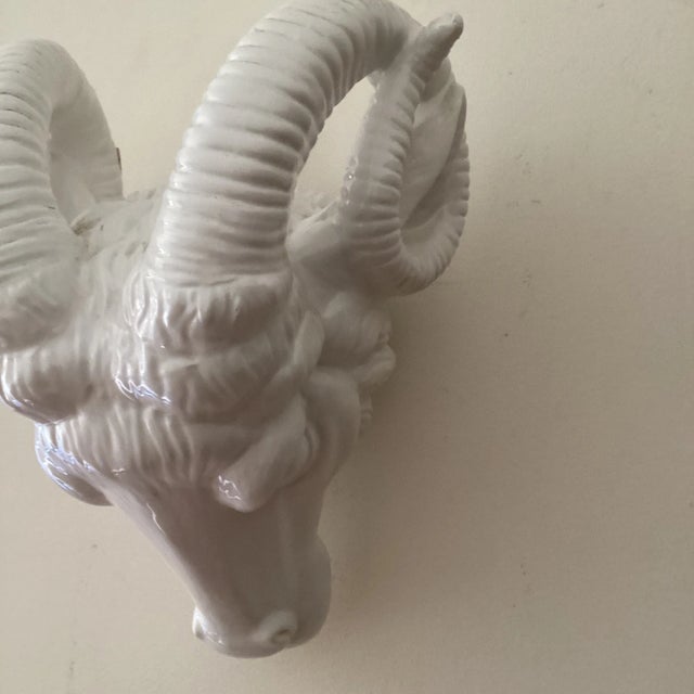 White Vintage Neoclassical Italian White Glazed Porcelain Ram's Head Wall Hanging Sculpture, Circa 1980s For Sale - Image 8 of 12