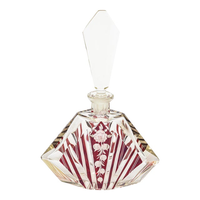Early 20th Century Art Deco Czech Bohemian Floral Geometric Red & Clear Cut Glass Perfume Bottle For Sale