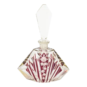 Early 20th Century Art Deco Czech Bohemian Floral Geometric Red & Clear Cut Glass Perfume Bottle