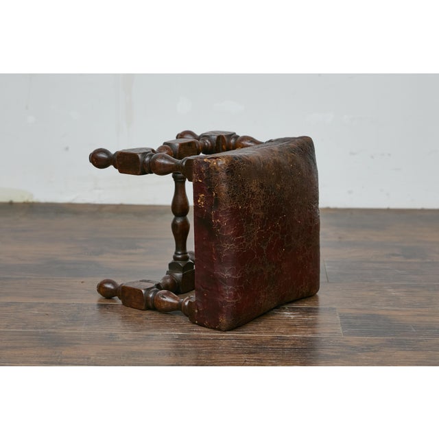 Brown 19th Century English Oak Footstool with Leather Seat and Turned Legs For Sale - Image 8 of 9