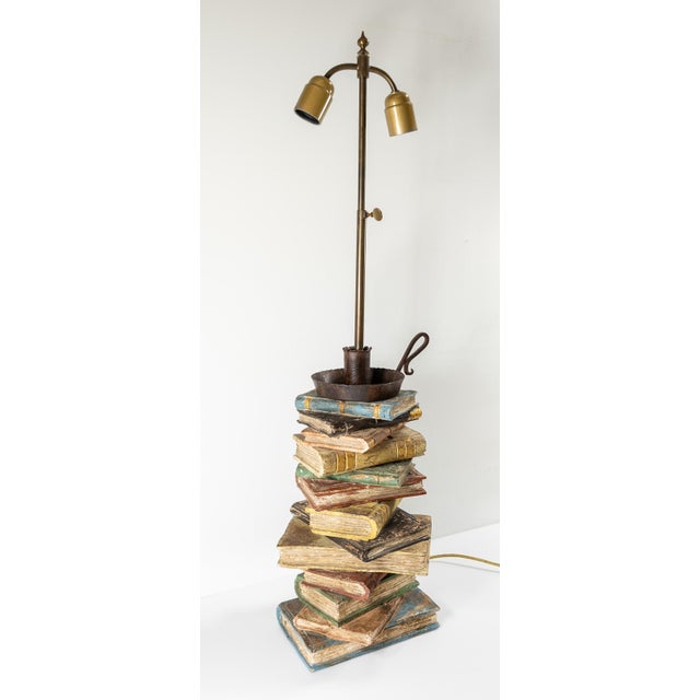 French Mid-Century Carved Wood Book Stack Table Lamp For Sale - Image 3 of 10