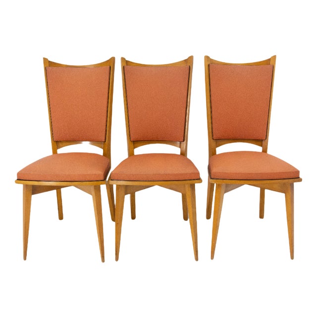 Mid-Century Dining Chairs in Beech and Red Moleskine, France, 1950s, Set of 6 For Sale