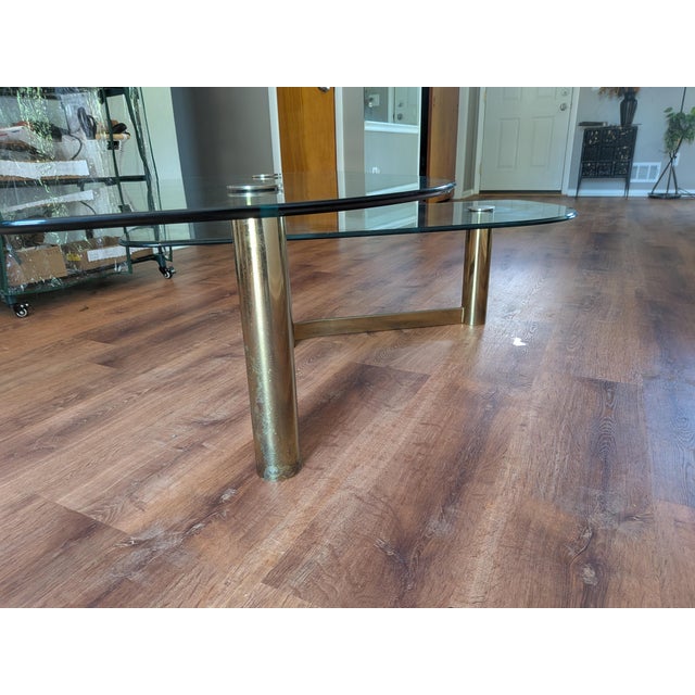 Leon Rosen Style Pace Postmodern Mid Century Brass and Glass Two Tier Coffee Table Circa 1970's tubular brass/glass...