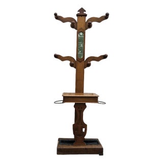 19th Century Dutch Elm Hall Stand with Mirror, Coat Hooks and Umbrella Holders For Sale
