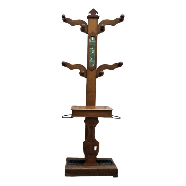 19th Century Dutch Elm Hall Stand with Mirror, Coat Hooks and Umbrella Holders For Sale