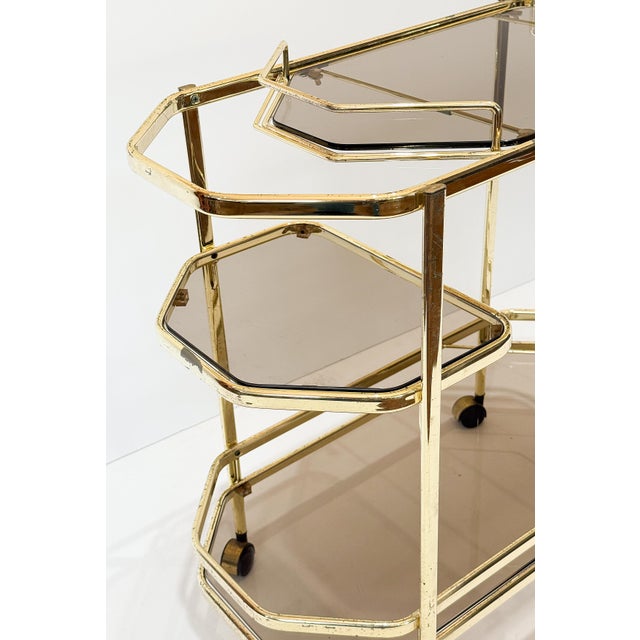 Mid 20th Century Italian Modern Rolling Drinks Cart or Console Trolley of Brass and Smoked Glass For Sale - Image 11 of 14