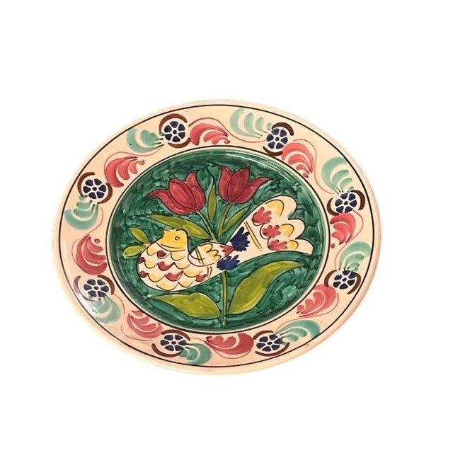 Vintage Hand-Painted Mediterranean Style Terracotta Ceramic Wall Hanging Plate - Bird & Tulip Motif For Sale - Image 4 of 12