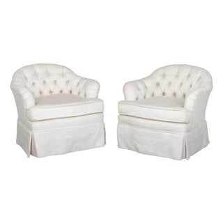 Tufted White Upholstered Swivel Chairs, Pair For Sale