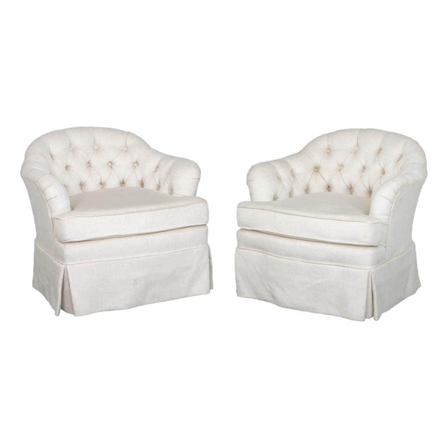 Tufted White Upholstered Swivel Chairs, Pair For Sale