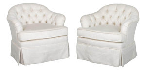Tufted White Upholstered Swivel Chairs, Pair