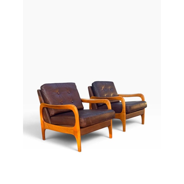 Pair of Danish Modern Leather Lounge Chairs | Sculpted Maple Frames | Brown Leather With Tufted Backs | C. 1960s For Sale - Image 4 of 18