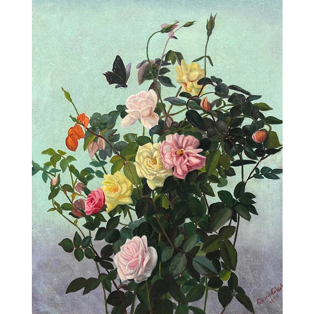 Floral Still Life with Butterfly by 19th-century American artist Carrie Clark (fl. 1880s) is oil on canvas and measures 20...