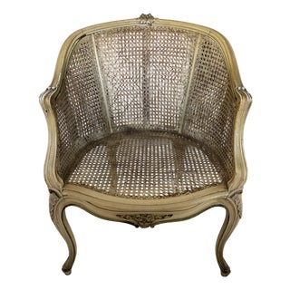 Vintage French Louis XV Style Carved Cane Barrel Back Armchair For Sale