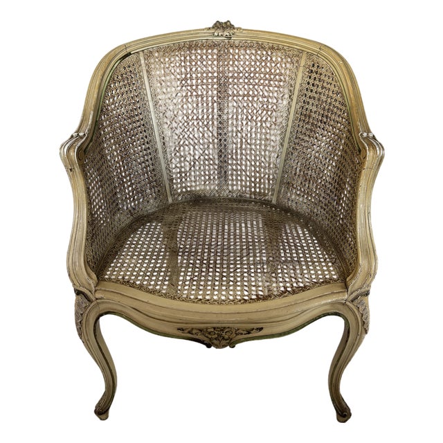 Vintage French Louis XV Style Carved Cane Barrel Back Armchair For Sale