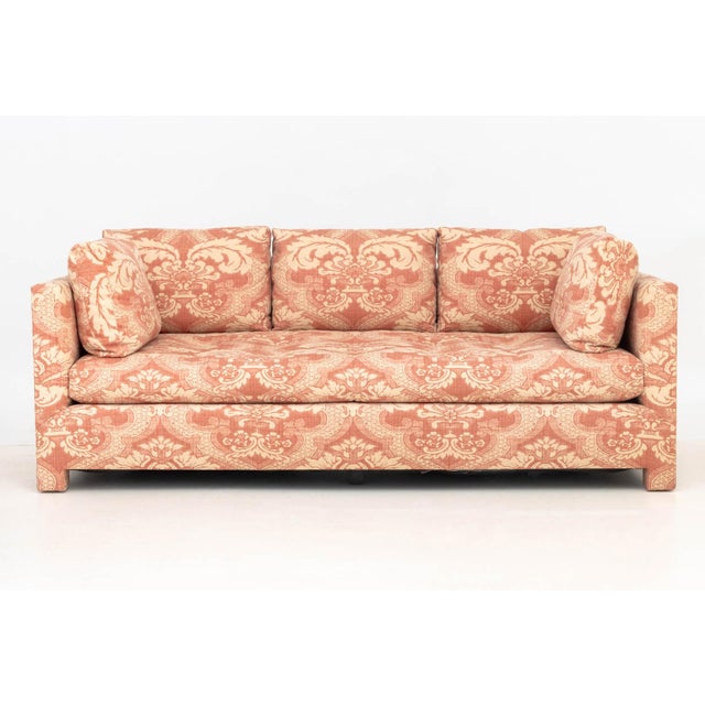 Pink and White Patterned Linen Upholstered Three-Seat Sofa, with matching back and armrest cushions. 27" H x 84" W x 35.5"...
