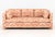 Pink and White Patterned Linen Upholstered Three-Seat Sofa, with matching back and armrest cushions. 27" H x 84" W x 35.5"...