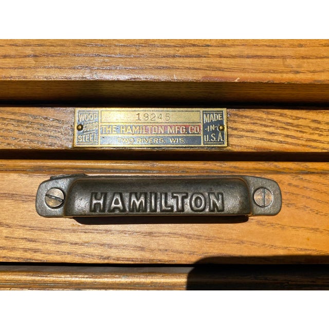 Wood Antique Oak Hamilton Printers Cabinet / Flat File Map Cabinet With 10 Drawers For Sale - Image 7 of 12