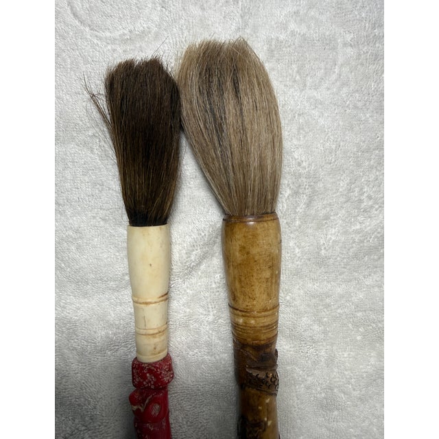 2 Antique Vintage Chinese Scholars Archaistic Calligraphy Brushes, approximately 13 inches long each. Fine antique...