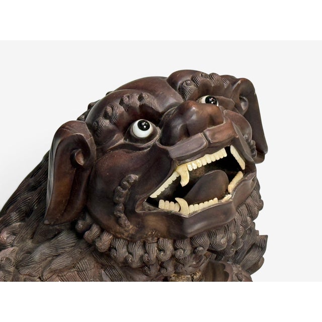 Chocolate Chinese Export, Opposing Foo Dogs, Solid Teakwood, Glass, China, 19th C. For Sale - Image 8 of 18