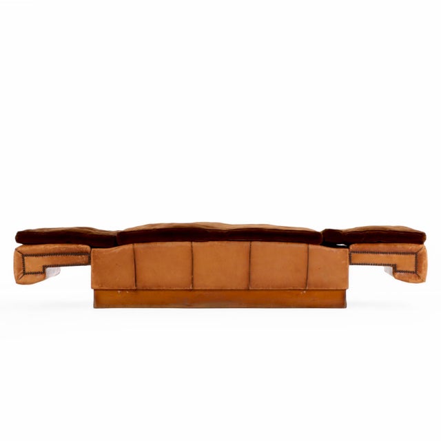 Circa 1920 Art Deco Modular Cognac Leather Chaise Lounge With Velvet Cushions For Sale - Image 4 of 8