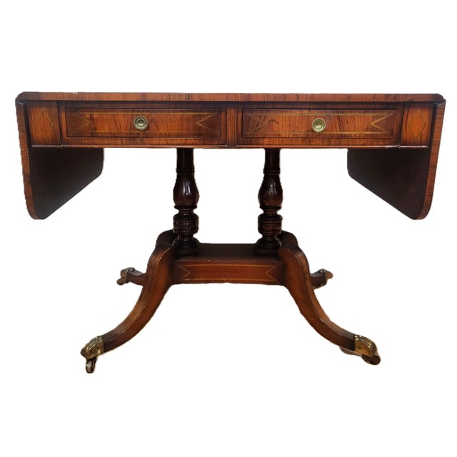 19th C English Regency Carved Brass Inlaid Rosewood Drop Leaf Sofa Table Desk For Sale - Image 13 of 18