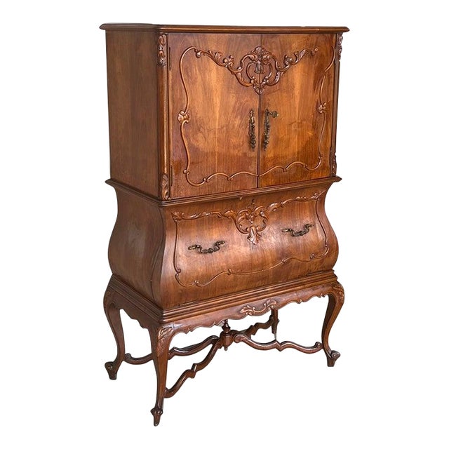 Mid-Century Modern Spanish Walnut Wood and Mirror Bar Cabinet, 1940s For Sale