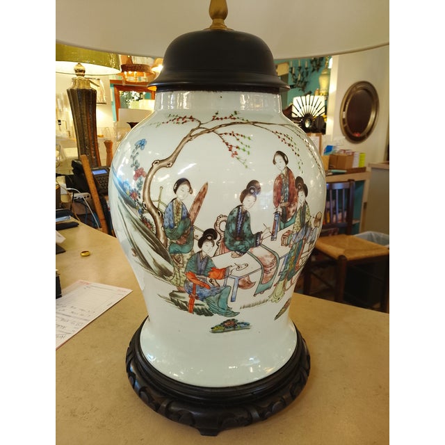 Mid 20th Century Vintage Chinese Porcelain Figural Table Lamp With Silk Drum Shade For Sale - Image 5 of 6