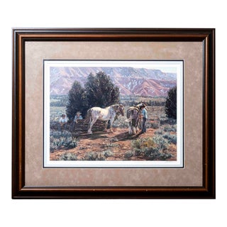 Vintage Valoy Eaton Western Ranch Landscape With Cowboys & Horses, Signed & Framed For Sale