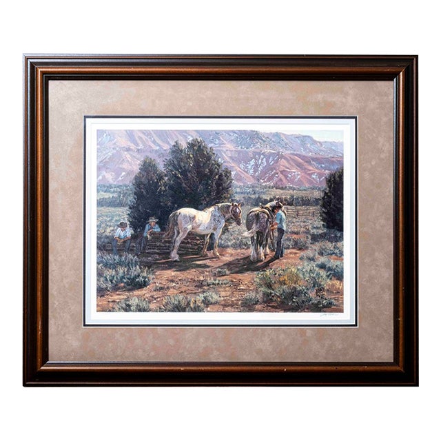 Vintage Valoy Eaton Western Ranch Landscape With Cowboys & Horses, Signed & Framed For Sale