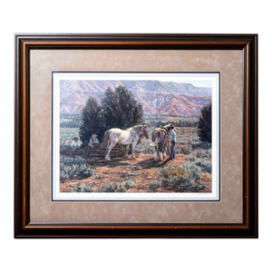 Vintage Valoy Eaton Western Ranch Landscape With Cowboys & Horses, Signed & Framed