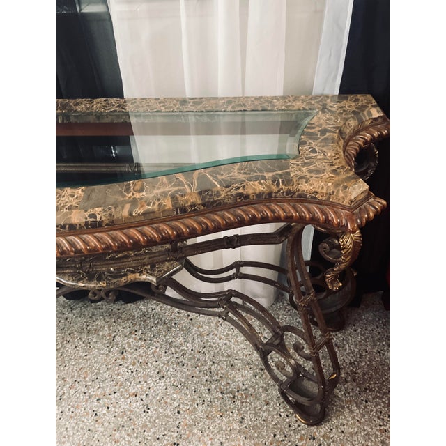 1990s Hollywood Regency Marble & Wrought Iron Console Table With Beveled Glass For Sale - Image 4 of 7