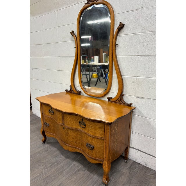 Antique Victorian Tiger Oak Serpentine Dresser With Mirror For Sale - Image 4 of 11