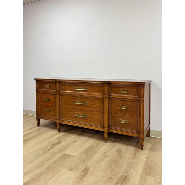 Mid-Century Modern Vintage Dresser Drexel Transitional MCM Nine Drawer Lowboy Brass Handles For Sale - Image 3 of 18