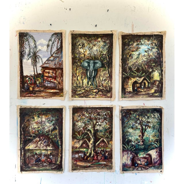 Mid-Century Modern Six Vintage African Oil Paintings on Safari For Sale - Image 3 of 12