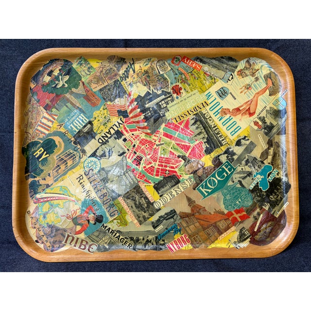 Boho Chic Vintage Handmade Wood Decoupage Denmark Travel Tray For Sale - Image 3 of 14