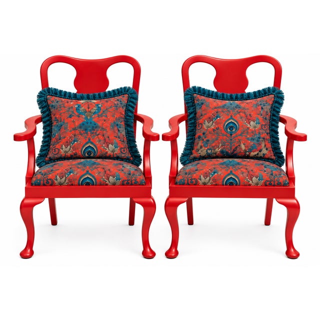 1960s Mid Century Pair of Bespoke Chippendale/Queen Anne Style Armchair in Vibrant Red With Velvet Emma Shipley Upholstery For Sale - Image 5 of 6
