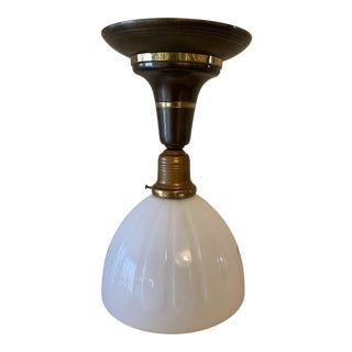 Vintage 1920s Brass Semi-Flush Fixture With Milk Glass Shade For Sale