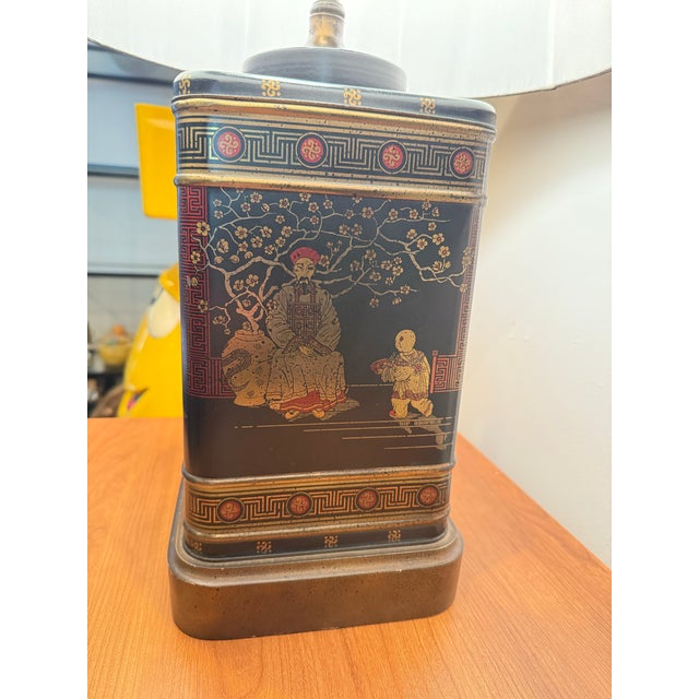 Traditional Vintage Tea Caddy Lamp W/ Silk Shade For Sale - Image 3 of 12