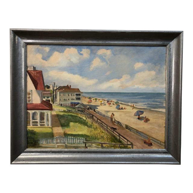 "Summer Rhythms" - Early 20th Century Beach Original Oil on Board Signed on the Bottom, Framed For Sale