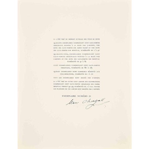 Colophon for specimen n. 21 of "Les Fables de La Fontaine" by La Fontaine, with original illustrations by Marc Chagall....