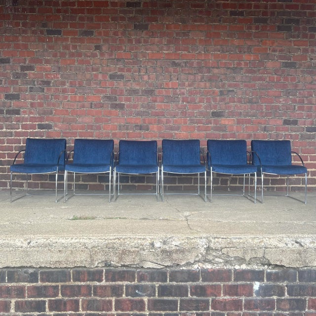 Set of 6 Milo Baughman chrome dining chairs, recently recovered in a sparkly blue fabric.