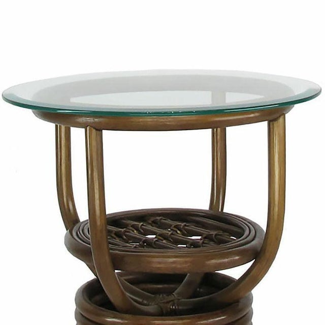 Mid-Century Modern Modernist Glass Top Rattan "Kauai" Side Table With Stacked Base For Sale - Image 3 of 5