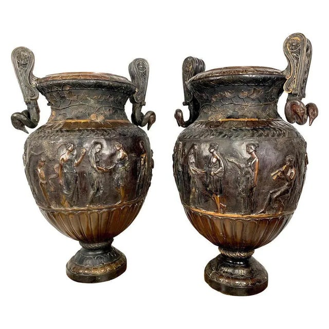 Metal Neoclassical Roman Style Cast Bronze Urns, Set of 2 For Sale - Image 7 of 7