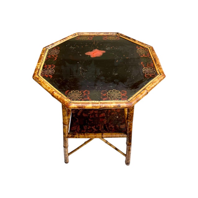 Chinoiserie Antique Scorched Bamboo Chinoiserie Side Table With Hand-Painted Lacquer Top, Early 20th Century For Sale - Image 3 of 18