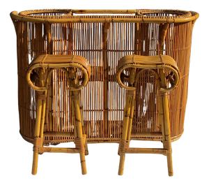 Mid-Century Rattan Cocktail Bar with Three Stools, 1960s, Set of 4