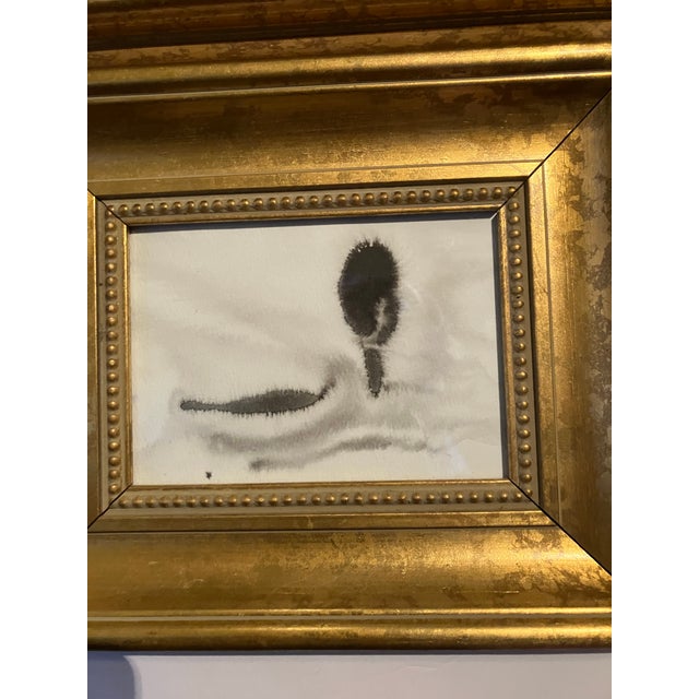 Contemporary 2 Original Abstract Ink Paintings Chunky Gold Frames-a Pair For Sale - Image 4 of 4